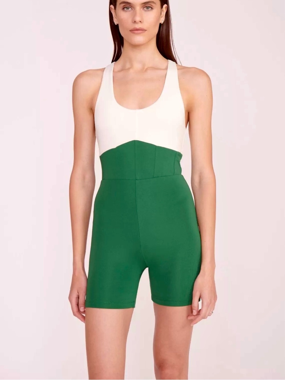 Staud Bounce Green & Cream Colorblock Short Unitard Active Romper, Sz S
